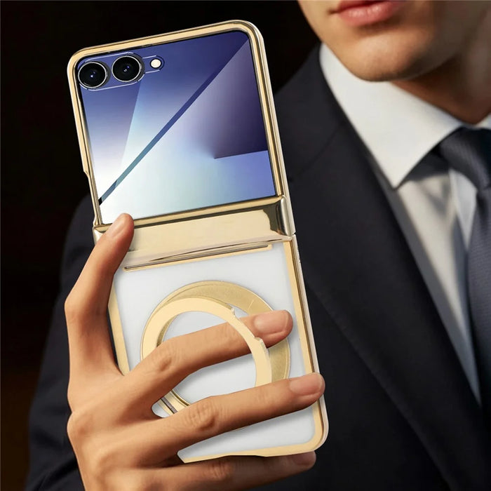 For Samsung Galaxy Z Flip8 Case Magnetic Rotating Kickstand Clear PC Phone Cover - Gold - 6
