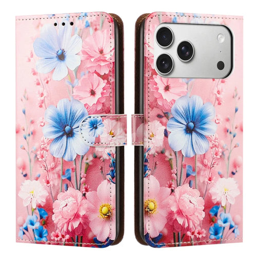 For iPhone 18 Pro  /  17 Pro Case Pattern Printed Wallet Flip Stand PU Leather Phone Cover with Wrist Strap - Blue Floral - 1