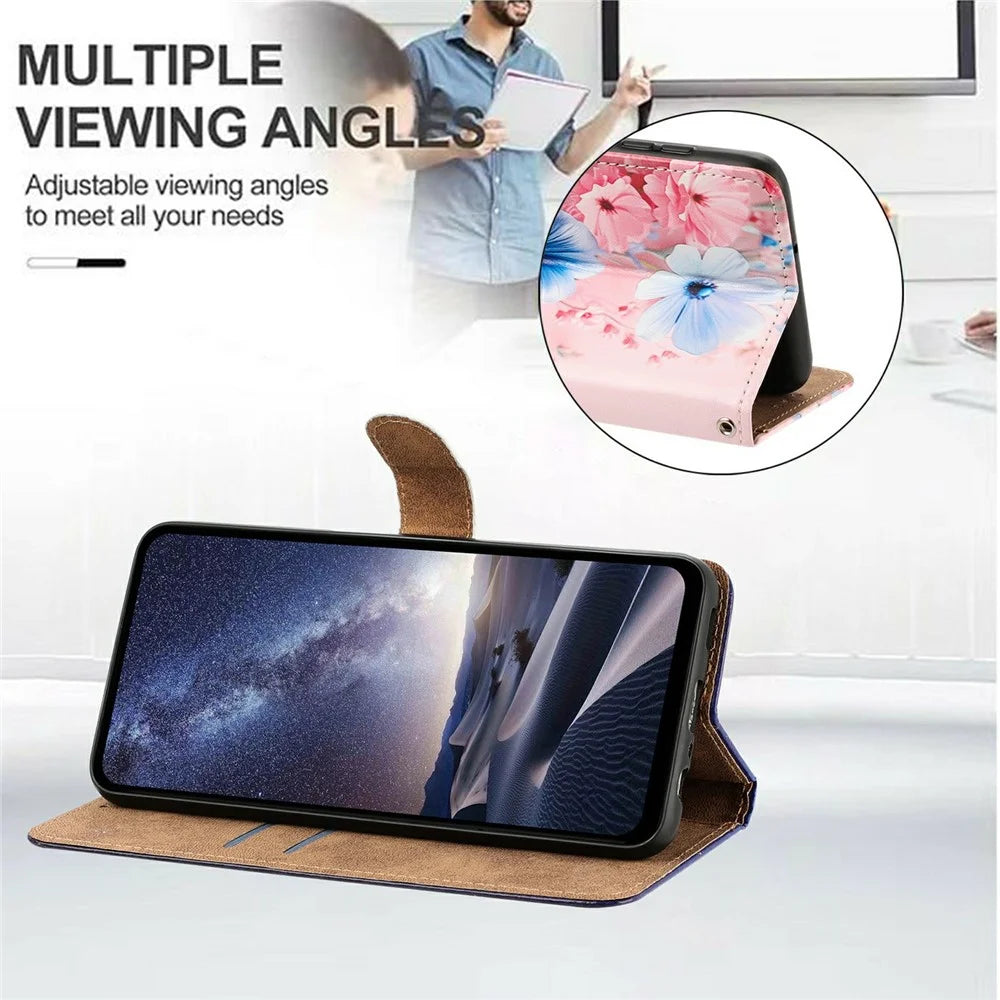 For iPhone 18 Pro  /  17 Pro Case Pattern Printed Wallet Flip Stand PU Leather Phone Cover with Wrist Strap - Blue Floral - 5