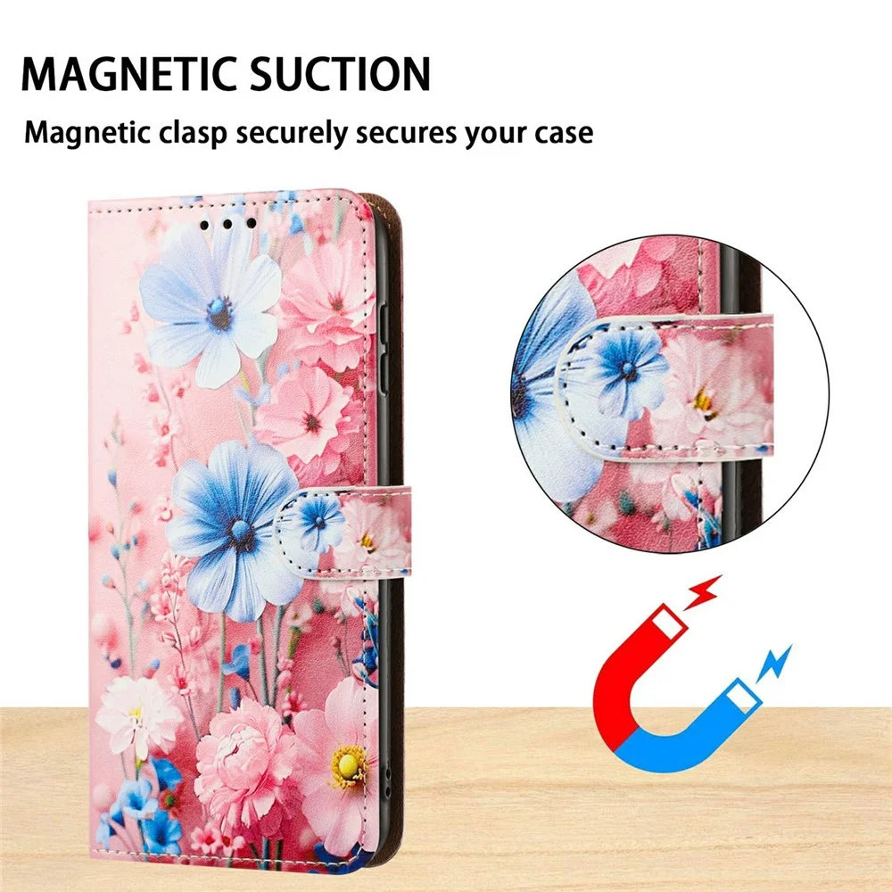 For iPhone 18 Pro  /  17 Pro Case Pattern Printed Wallet Flip Stand PU Leather Phone Cover with Wrist Strap - Blue Floral - 7