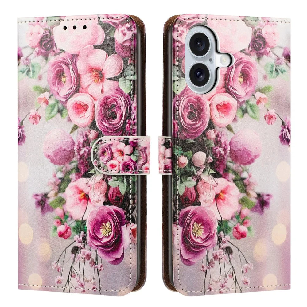 For iPhone 17 Case Pattern Printed Wallet Flip Stand PU Leather Phone Cover with Wrist Strap - Bouquet - 1