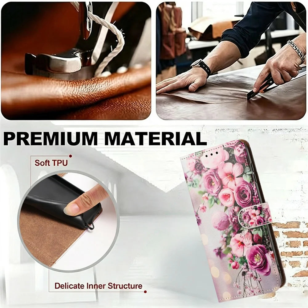 For iPhone 17 Case Pattern Printed Wallet Flip Stand PU Leather Phone Cover with Wrist Strap - Bouquet - 6