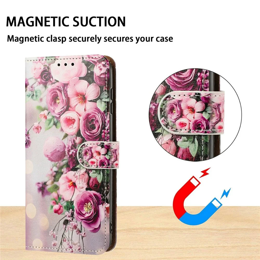 For iPhone 17 Case Pattern Printed Wallet Flip Stand PU Leather Phone Cover with Wrist Strap - Bouquet - 7