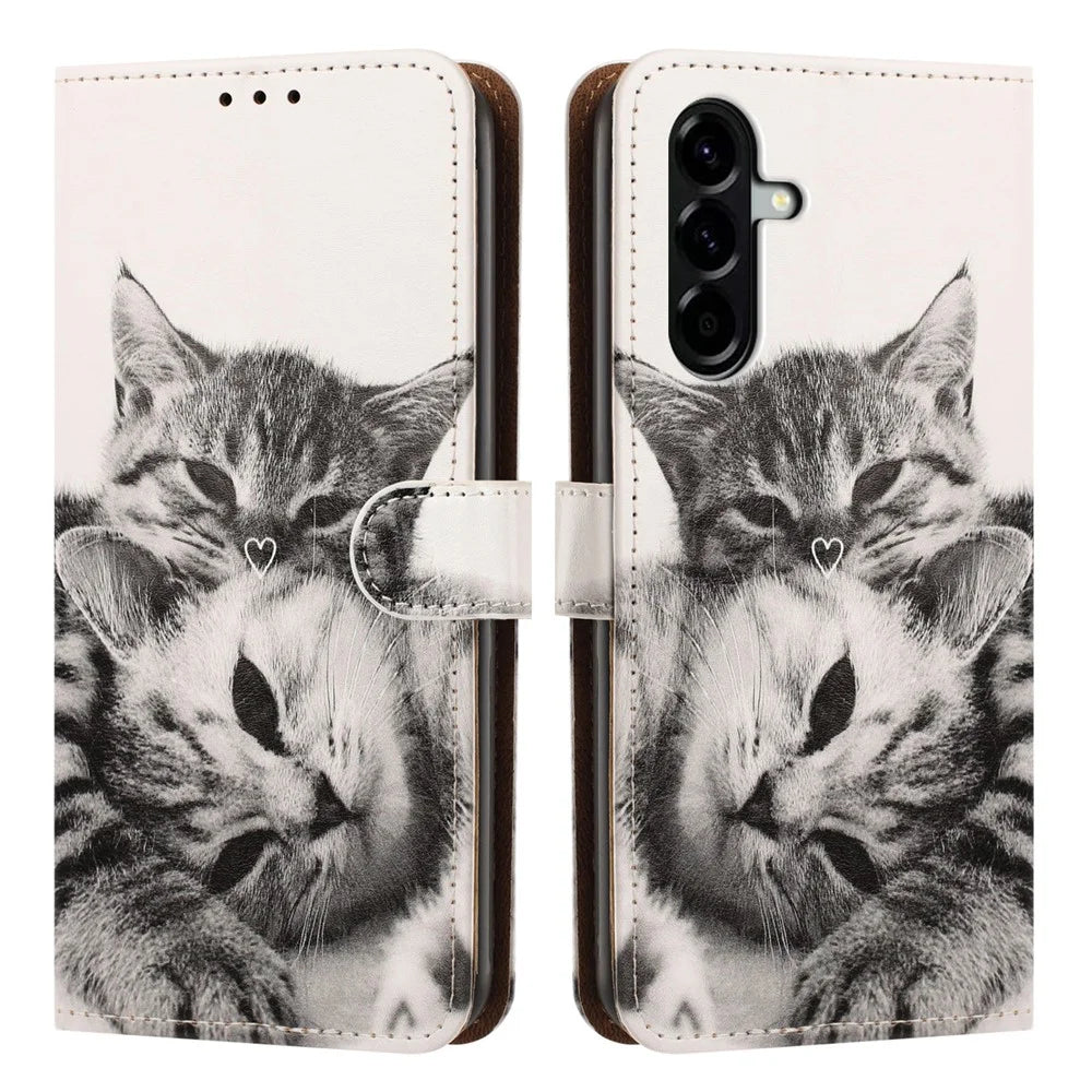 For Samsung Galaxy A36 5G Case Pattern Printed Wallet Flip Stand PU Leather Phone Cover with Wrist Strap - Heart and Cats - 1
