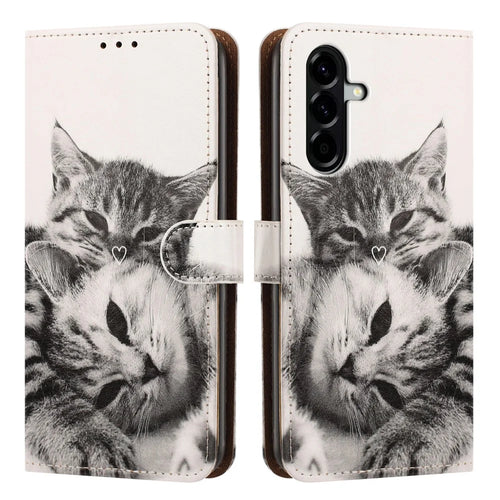 For Samsung Galaxy A36 5G Case Pattern Printed Wallet Flip Stand PU Leather Phone Cover with Wrist Strap - Heart and Cats - 1