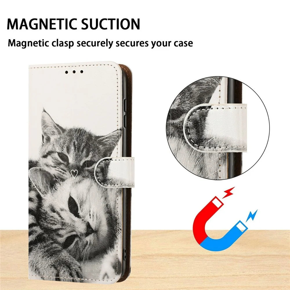 For Samsung Galaxy A36 5G Case Pattern Printed Wallet Flip Stand PU Leather Phone Cover with Wrist Strap - Heart and Cats - 7