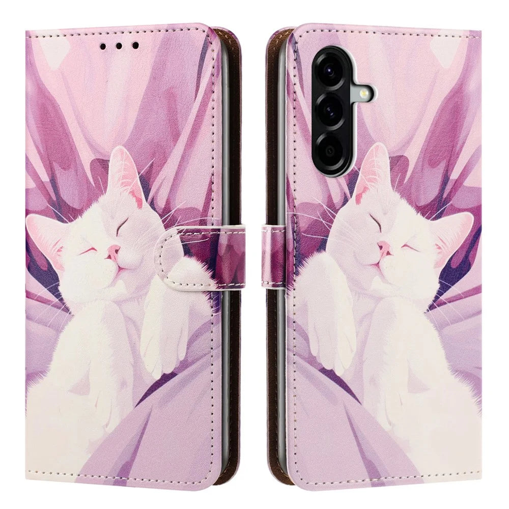 For Samsung Galaxy A56 5G Case Pattern Printed Wallet Flip Stand PU Leather Phone Cover with Wrist Strap - Sleeping Cat - 1