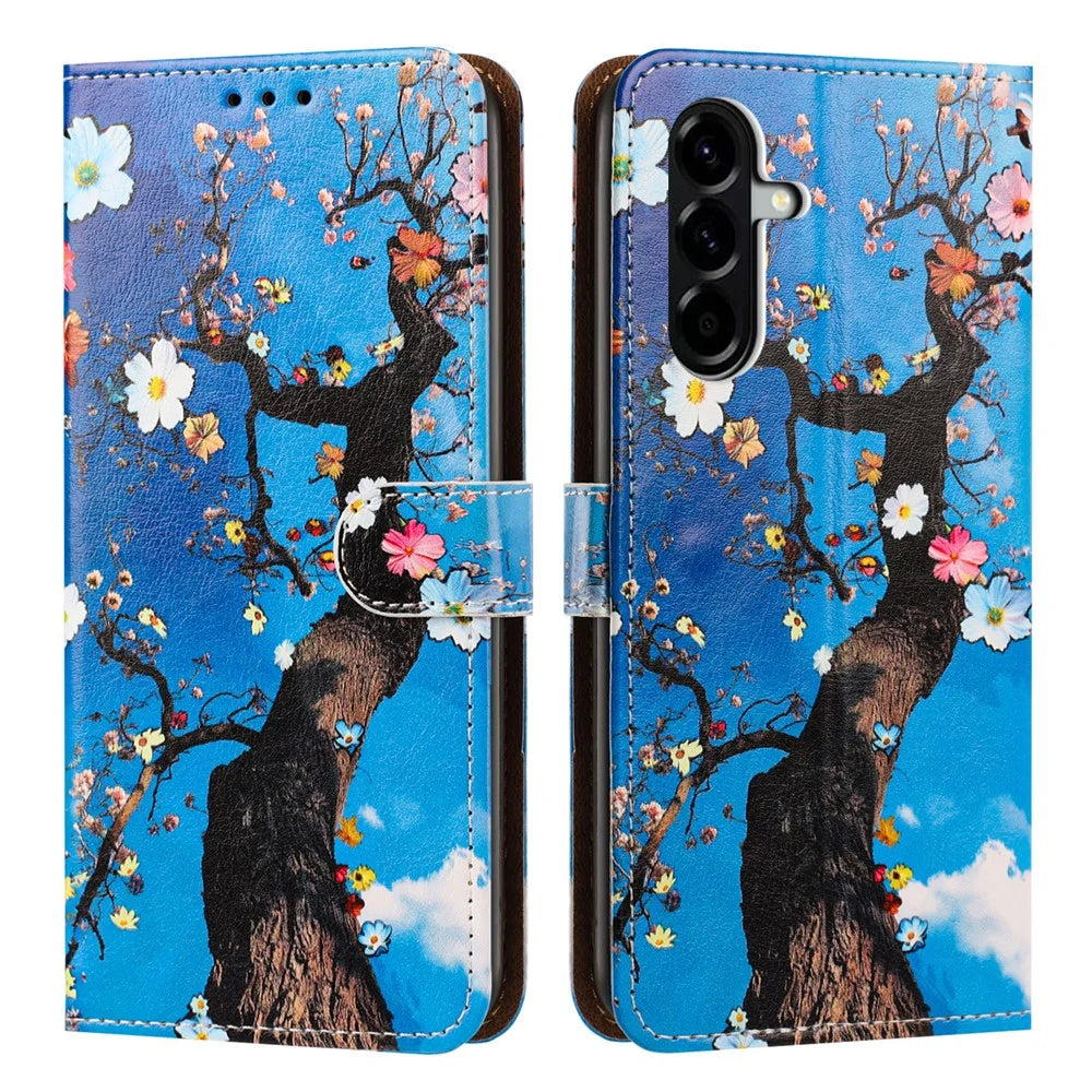 For Samsung Galaxy A57 5G Case Pattern Printed Wallet Flip Stand PU Leather Phone Cover with Wrist Strap - Flowering Tree - 1