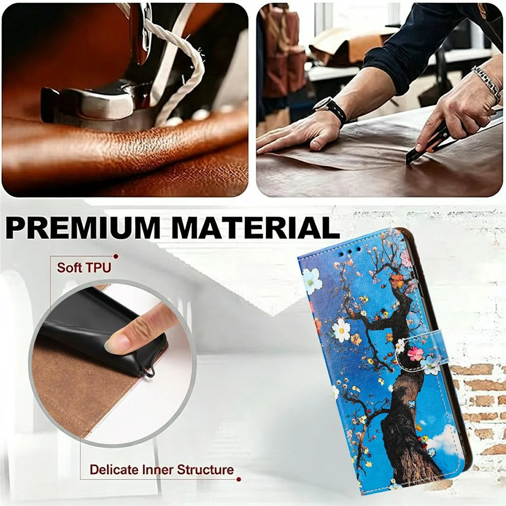 For Samsung Galaxy A57 5G Case Pattern Printed Wallet Flip Stand PU Leather Phone Cover with Wrist Strap - Flowering Tree - 6