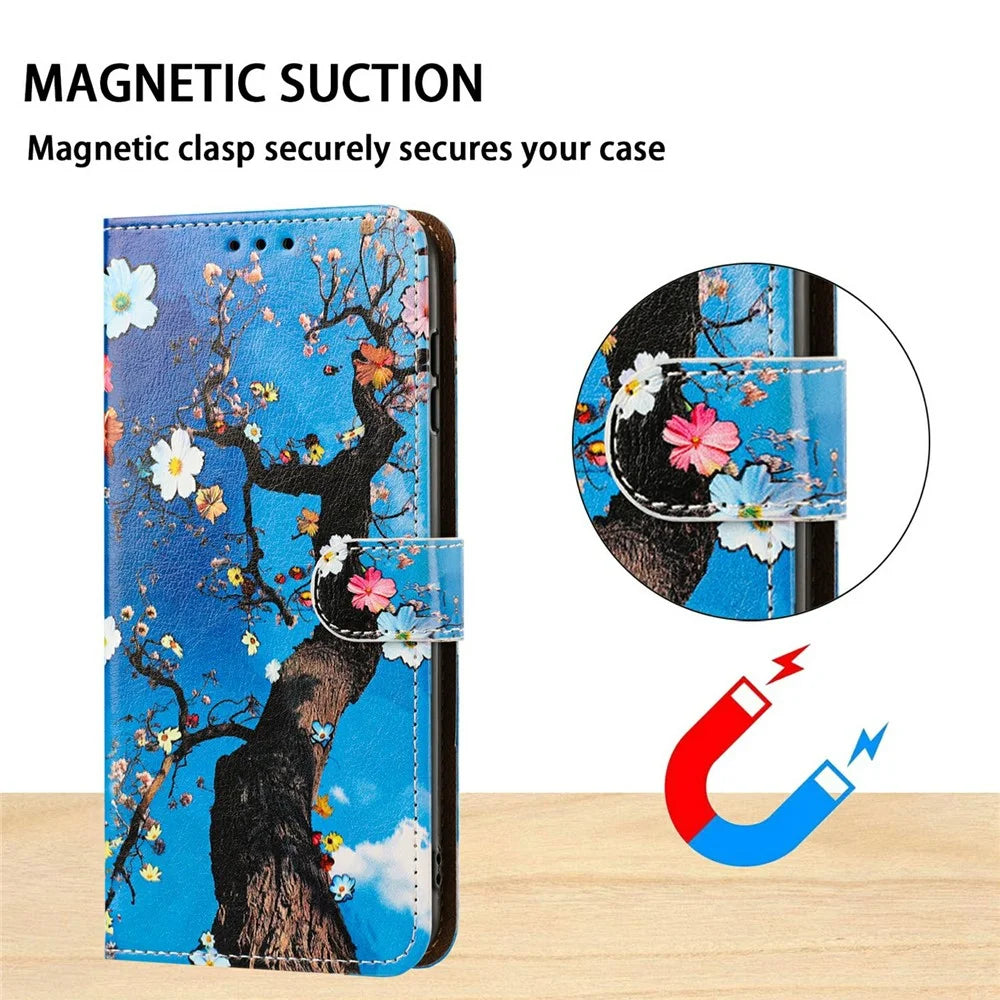 For Samsung Galaxy A57 5G Case Pattern Printed Wallet Flip Stand PU Leather Phone Cover with Wrist Strap - Flowering Tree - 7