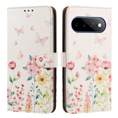 For Google Pixel 9 Pro XL  /  Pixel 10 Pro XL  /  Pixel 11 Pro XL Case Pattern Printed Wallet Flip Stand PU Leather Phone Cover with Wrist Strap - Floral Butterfly - 1