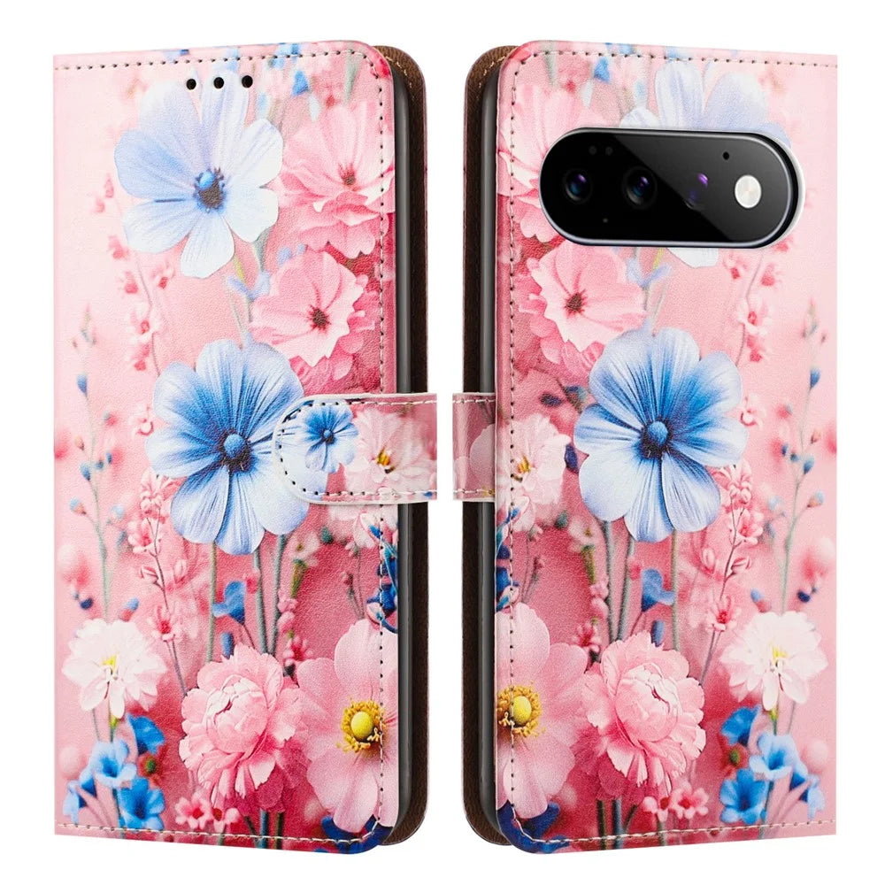 For Google Pixel 11  /  Pixel 10  /  Pixel 10 Pro  /  Pixel 9  /  Pixel 9 Pro Case Pattern Printed Wallet Flip Stand PU Leather Phone Cover with Wrist Strap - Blue Floral - 1