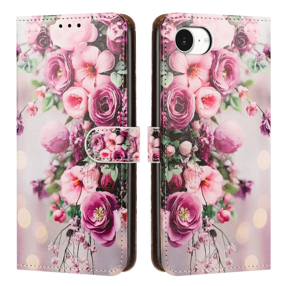 For iPhone 17e  /  16e Case Pattern Printed Wallet Flip Stand PU Leather Phone Cover with Wrist Strap - Bouquet - 1