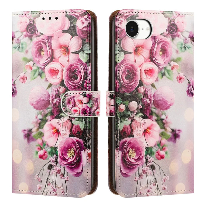 For iPhone 17e  /  16e Case Pattern Printed Wallet Flip Stand PU Leather Phone Cover with Wrist Strap - Bouquet - 1