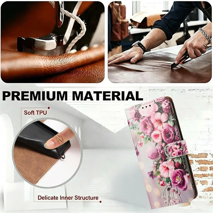 For iPhone 17e  /  16e Case Pattern Printed Wallet Flip Stand PU Leather Phone Cover with Wrist Strap - Bouquet - 6