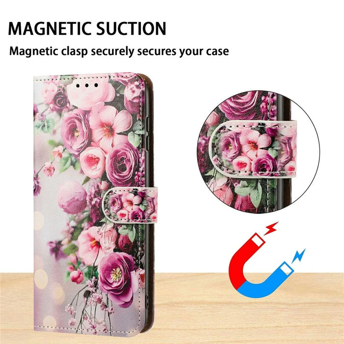 For iPhone 17e  /  16e Case Pattern Printed Wallet Flip Stand PU Leather Phone Cover with Wrist Strap - Bouquet - 7