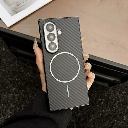 For Samsung Galaxy Z Fold8 Ultra Magnetic Case Carbon Fiber Texture PU Leather + PC Folding Phone Cover - Black - 1
