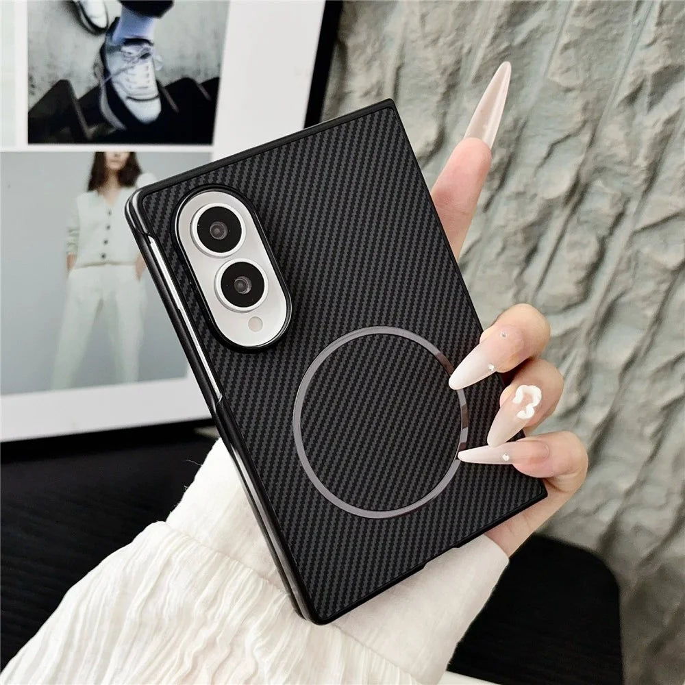 For Samsung Galaxy Z Fold8 Magnetic Case Carbon Fiber Texture PU Leather + PC Folding Phone Cover - Black - 6
