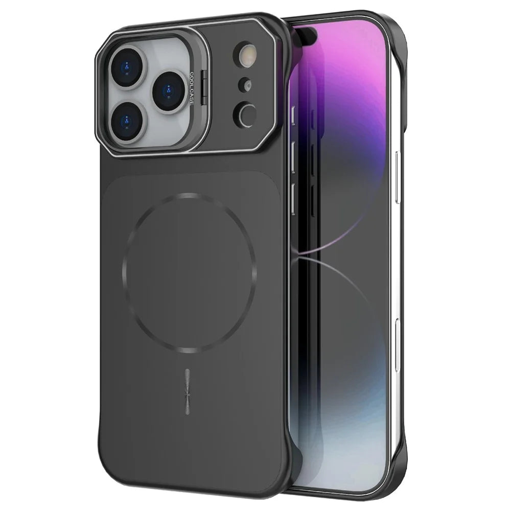 For iPhone 18 Pro / 17 Pro Magnetic Case Lens Frame Kickstand Matte PC Frameless Phone Cover - Black - 1