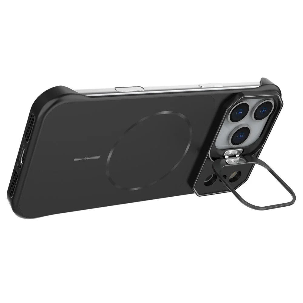 For iPhone 18 Pro / 17 Pro Magnetic Case Lens Frame Kickstand Matte PC Frameless Phone Cover - Black - 2