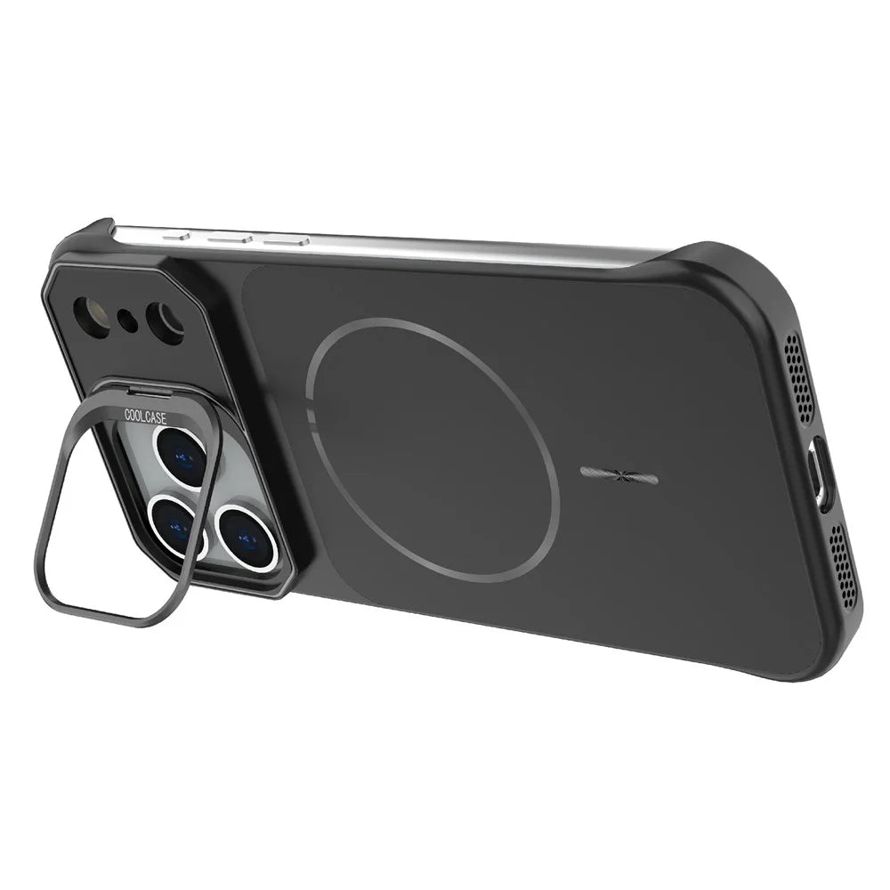 For iPhone 18 Pro / 17 Pro Magnetic Case Lens Frame Kickstand Matte PC Frameless Phone Cover - Black - 3