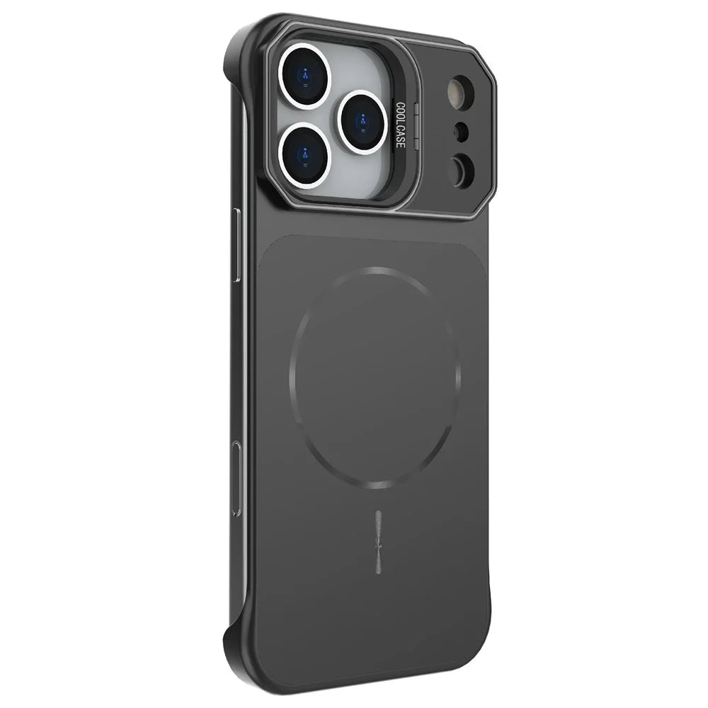 For iPhone 18 Pro / 17 Pro Magnetic Case Lens Frame Kickstand Matte PC Frameless Phone Cover - Black - 4