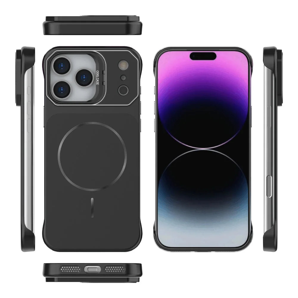 For iPhone 18 Pro / 17 Pro Magnetic Case Lens Frame Kickstand Matte PC Frameless Phone Cover - Black - 5