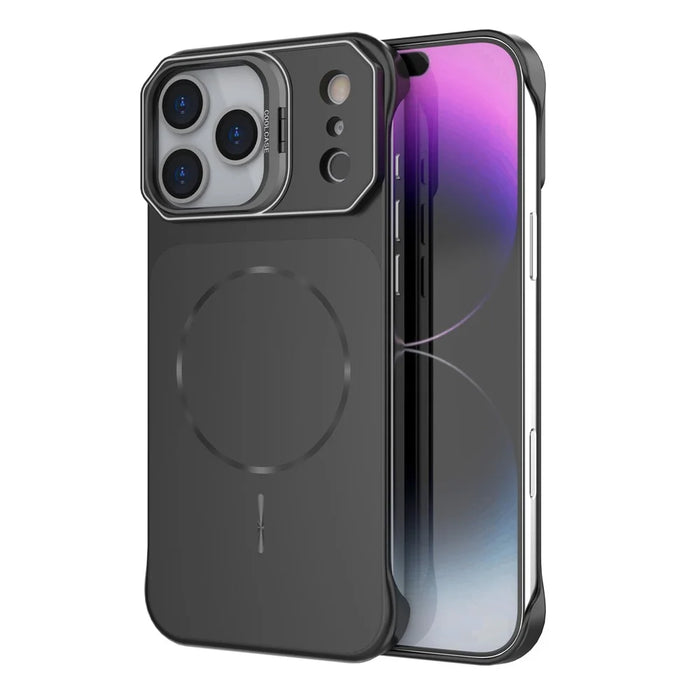 For iPhone 18 Pro Max / 17 Pro Max Magnetic Case Lens Frame Kickstand Matte PC Frameless Phone Cover - Black - 1