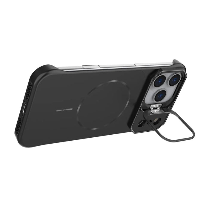 For iPhone 18 Pro Max / 17 Pro Max Magnetic Case Lens Frame Kickstand Matte PC Frameless Phone Cover - Black - 2