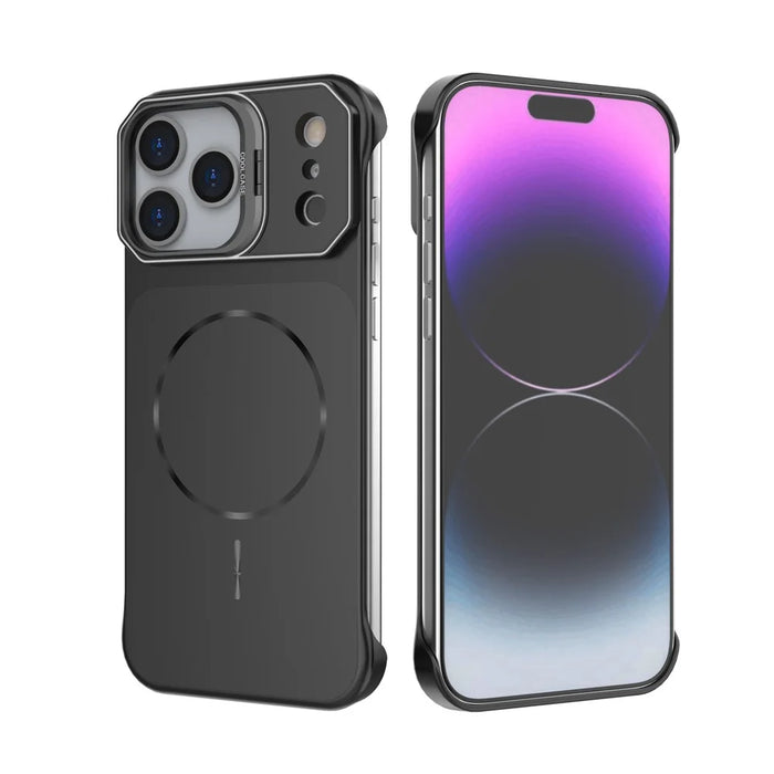 For iPhone 18 Pro Max / 17 Pro Max Magnetic Case Lens Frame Kickstand Matte PC Frameless Phone Cover - Black - 4