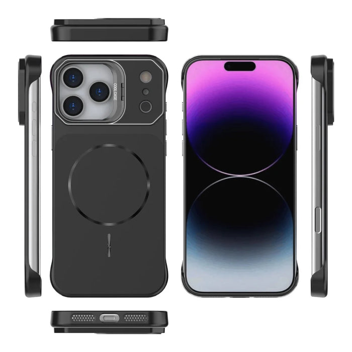 For iPhone 18 Pro Max / 17 Pro Max Magnetic Case Lens Frame Kickstand Matte PC Frameless Phone Cover - Black - 5
