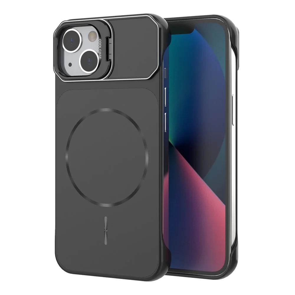 For iPhone 13 Magnetic Case Lens Frame Kickstand Matte PC Frameless Phone Cover - Black - 1