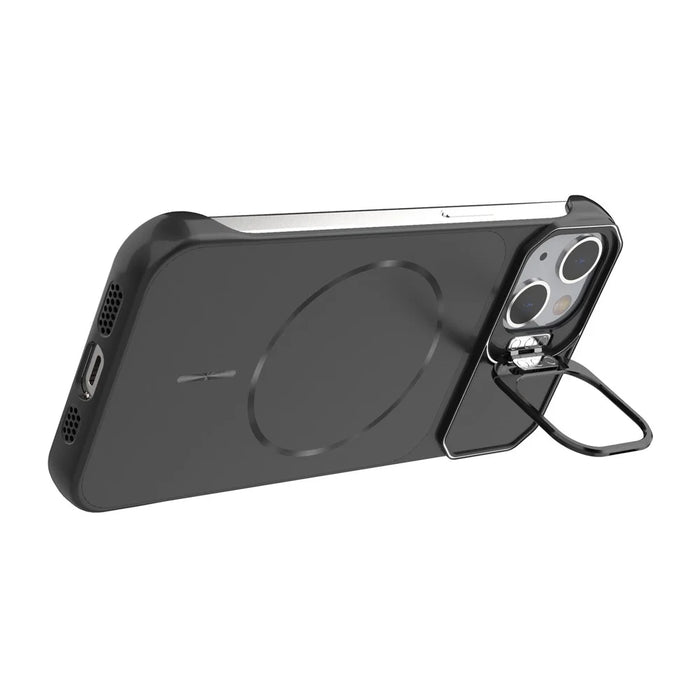 For iPhone 13 Magnetic Case Lens Frame Kickstand Matte PC Frameless Phone Cover - Black - 2