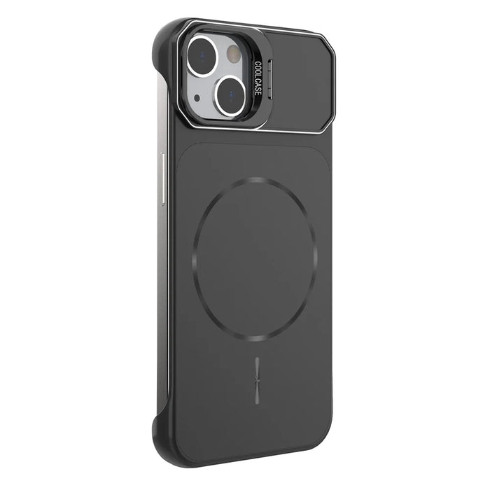 For iPhone 13 Magnetic Case Lens Frame Kickstand Matte PC Frameless Phone Cover - Black - 3