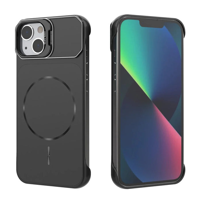 For iPhone 13 Magnetic Case Lens Frame Kickstand Matte PC Frameless Phone Cover - Black - 4