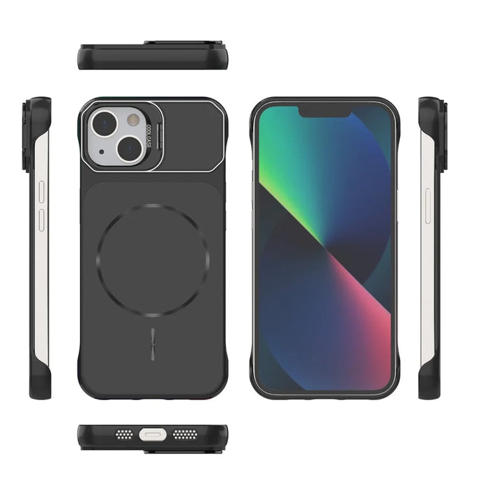 For iPhone 13 Magnetic Case Lens Frame Kickstand Matte PC Frameless Phone Cover - Black - 5