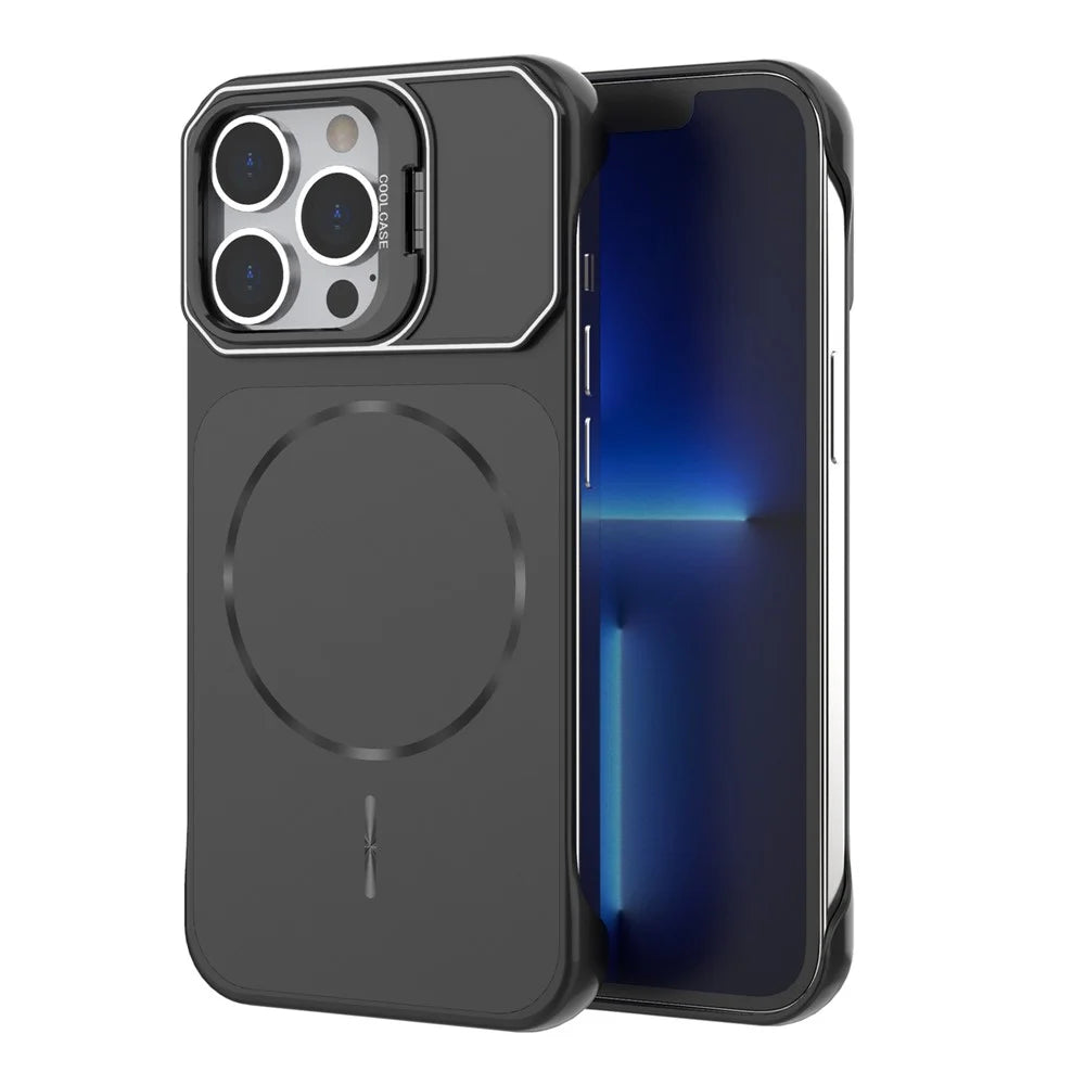For iPhone 13 Pro Magnetic Case Lens Frame Kickstand Matte PC Frameless Phone Cover - Black - 1