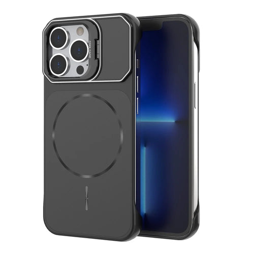For iPhone 13 Pro Magnetic Case Lens Frame Kickstand Matte PC Frameless Phone Cover - Black - 1