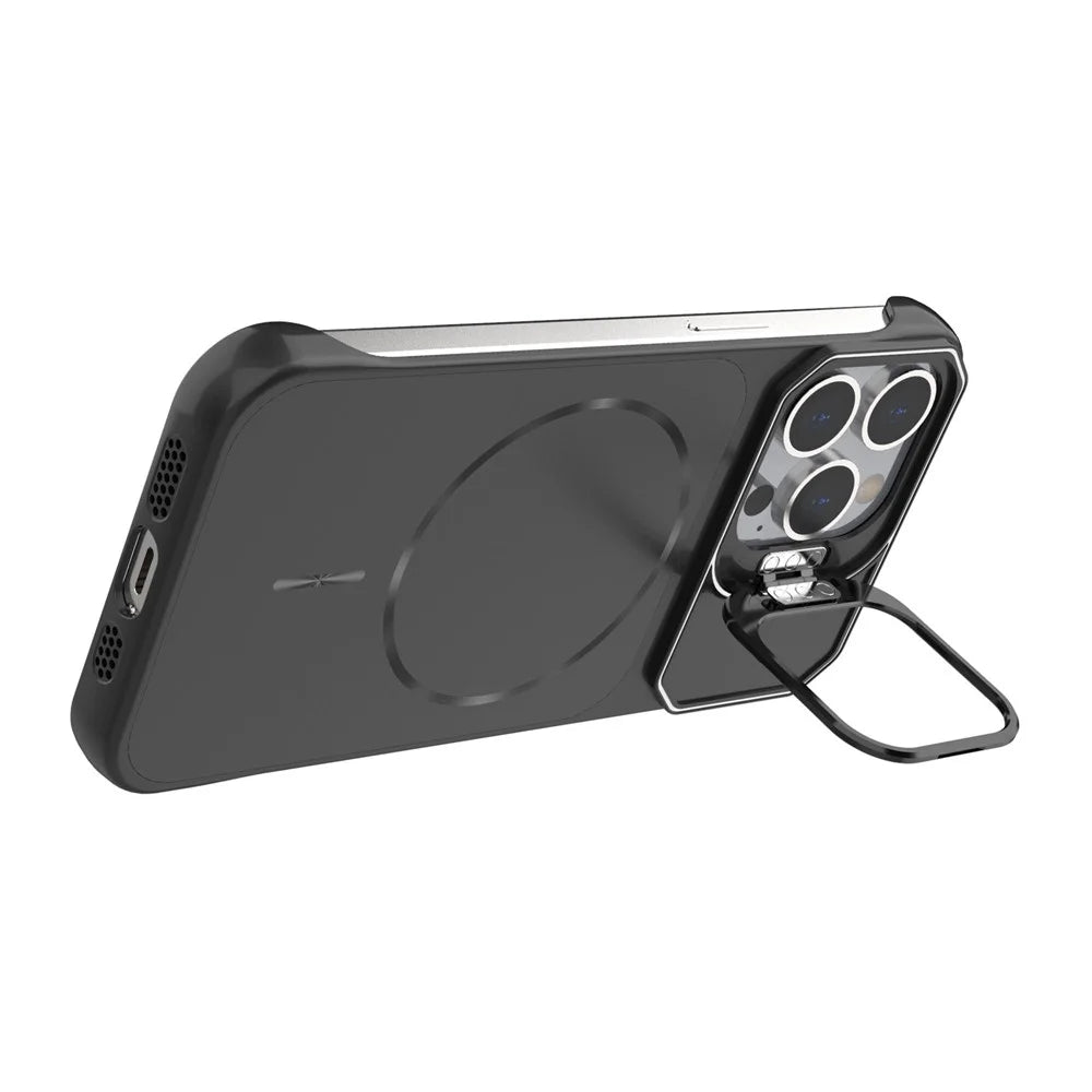 For iPhone 13 Pro Magnetic Case Lens Frame Kickstand Matte PC Frameless Phone Cover - Black - 2