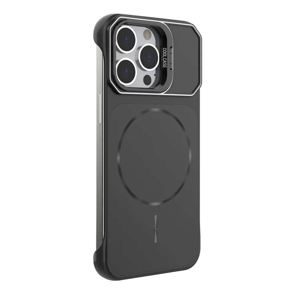 For iPhone 13 Pro Magnetic Case Lens Frame Kickstand Matte PC Frameless Phone Cover - Black - 3