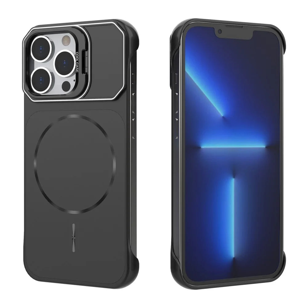 For iPhone 13 Pro Magnetic Case Lens Frame Kickstand Matte PC Frameless Phone Cover - Black - 4