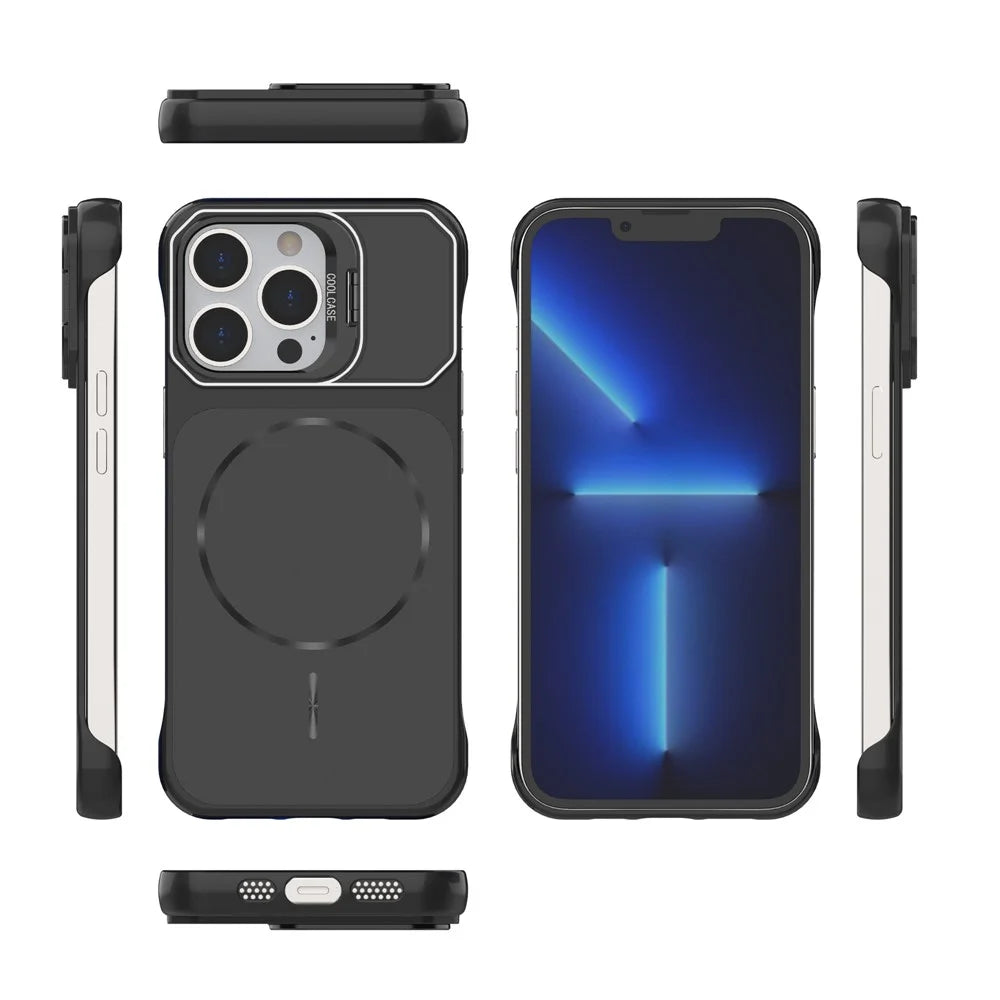 For iPhone 13 Pro Magnetic Case Lens Frame Kickstand Matte PC Frameless Phone Cover - Black - 5