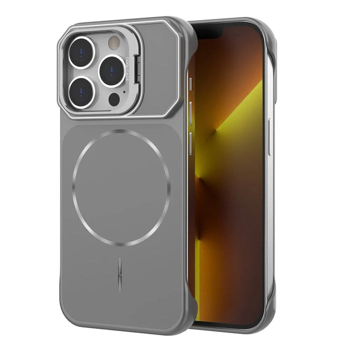 For iPhone 13 Pro Max Magnetic Case Lens Frame Kickstand Matte PC Frameless Phone Cover - Grey - 1