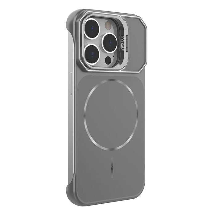 For iPhone 13 Pro Max Magnetic Case Lens Frame Kickstand Matte PC Frameless Phone Cover - Grey - 3