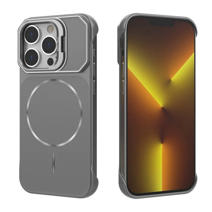 For iPhone 13 Pro Max Magnetic Case Lens Frame Kickstand Matte PC Frameless Phone Cover - Grey - 4