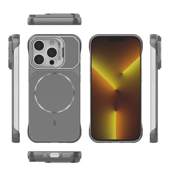 For iPhone 13 Pro Max Magnetic Case Lens Frame Kickstand Matte PC Frameless Phone Cover - Grey - 5