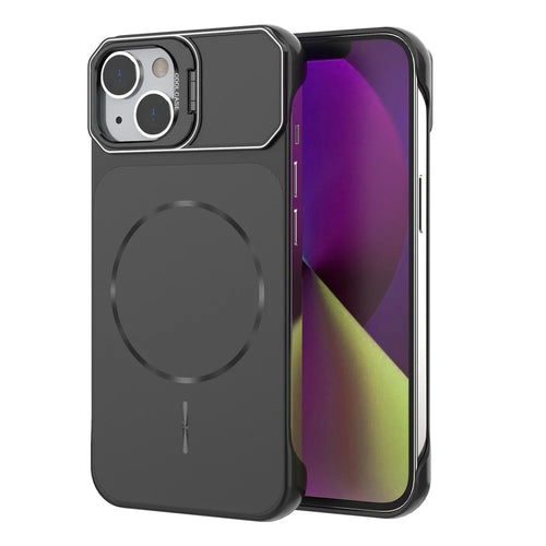 For iPhone 14 Magnetic Case Lens Frame Kickstand Matte PC Frameless Phone Cover - Black - 1
