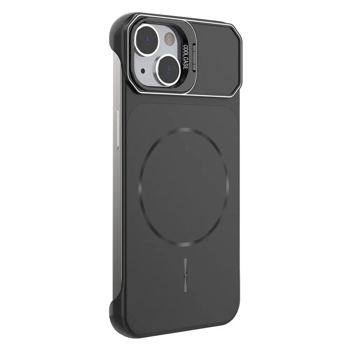 For iPhone 14 Magnetic Case Lens Frame Kickstand Matte PC Frameless Phone Cover - Black - 2