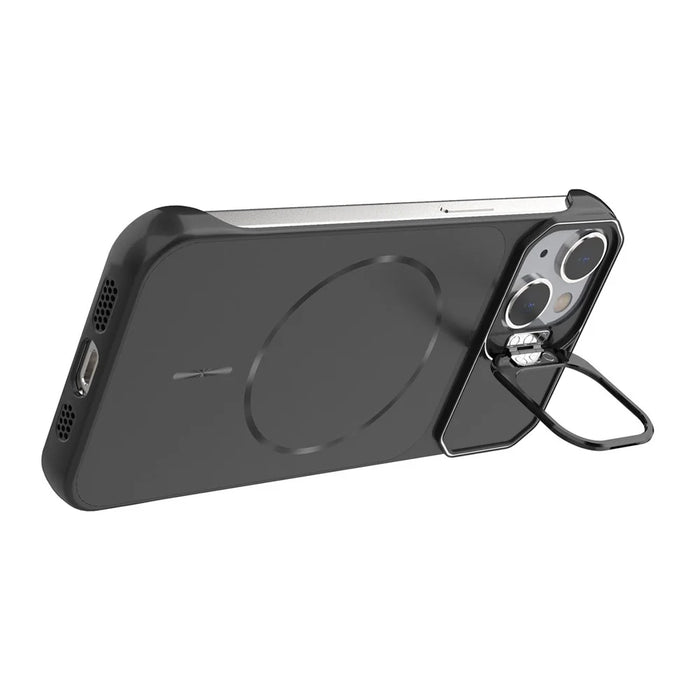For iPhone 14 Magnetic Case Lens Frame Kickstand Matte PC Frameless Phone Cover - Black - 3