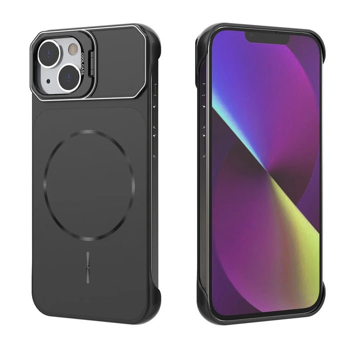 For iPhone 14 Magnetic Case Lens Frame Kickstand Matte PC Frameless Phone Cover - Black - 4